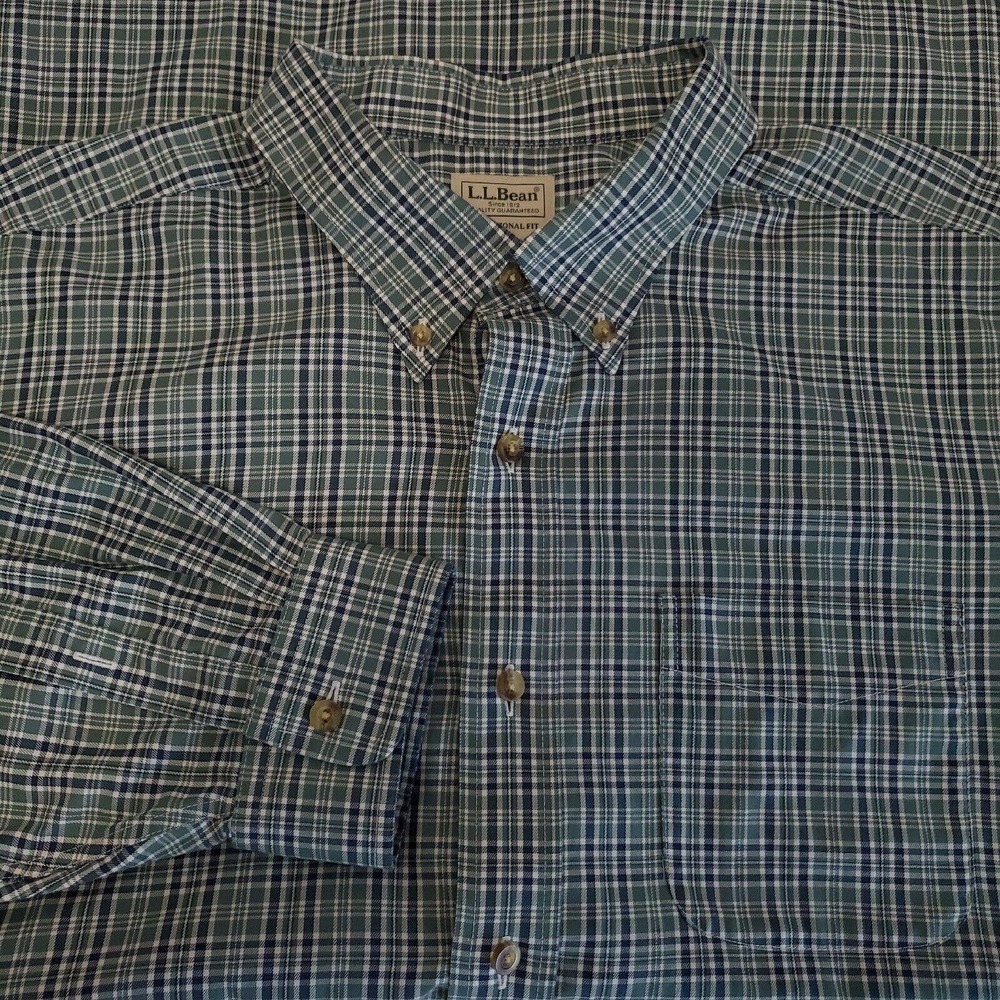 L.L. Bean Button Down Traditional Fit Green Blue Plaid Long Sleeve Shirt Sz XXL